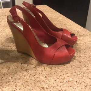 Bebe Matte Red Peep Toe Wedge Sz 7 4.5 inch Heels